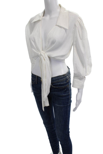 Pinko, Women Cropped Collared Long Sleeve White Designer Blouse Size S