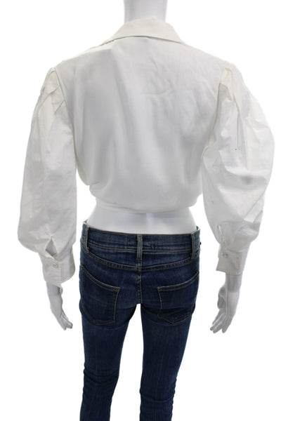 Pinko, Women Cropped Collared Long Sleeve White Designer Blouse Size S