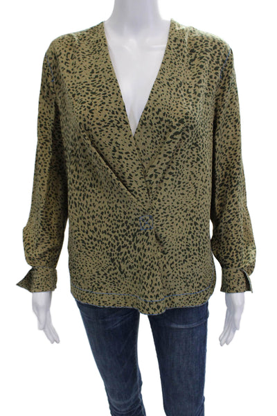 Rag & Bone Women Green Silk V-Neck Animal Print Long Sleeve Blouse Size M