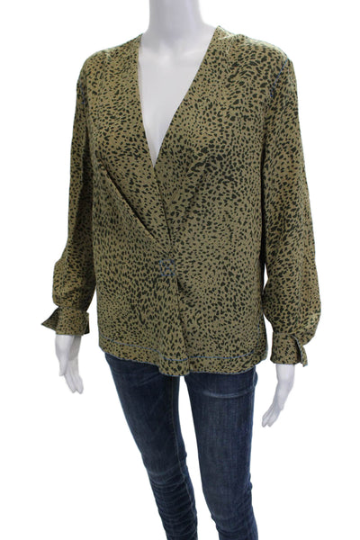 Rag & Bone Women Green Silk V-Neck Animal Print Long Sleeve Blouse Size M