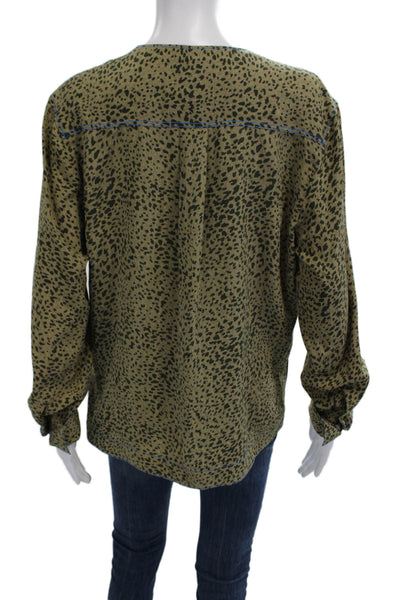 Rag & Bone Women Green Silk V-Neck Animal Print Long Sleeve Blouse Size M