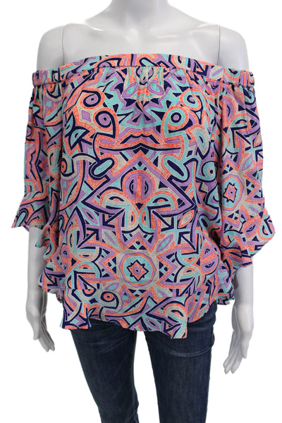 Alice & Trixie Women Blue Silk Geometric Aztec Short Sleeve Blouse Size M