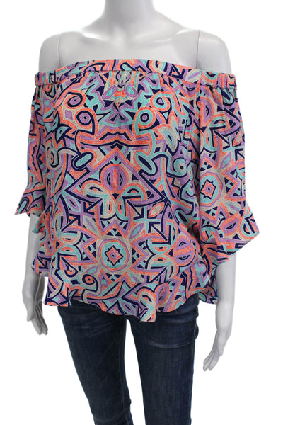Alice & Trixie Women Blue Silk Geometric Aztec Short Sleeve Blouse Size M