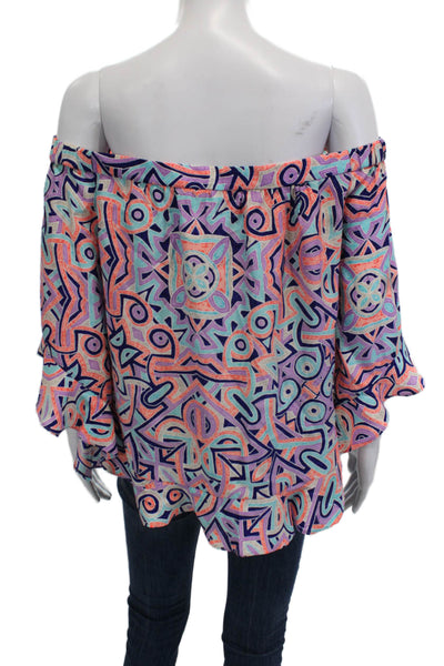 Alice & Trixie Women Blue Silk Geometric Aztec Short Sleeve Blouse Size M