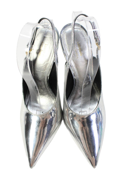 Larroude Womens Stiletto Metallic Slingback Pumps Silver Patent Size 9
