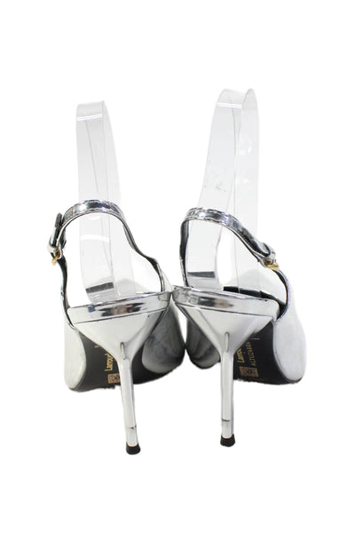 Larroude Womens Stiletto Metallic Slingback Pumps Silver Patent Size 9