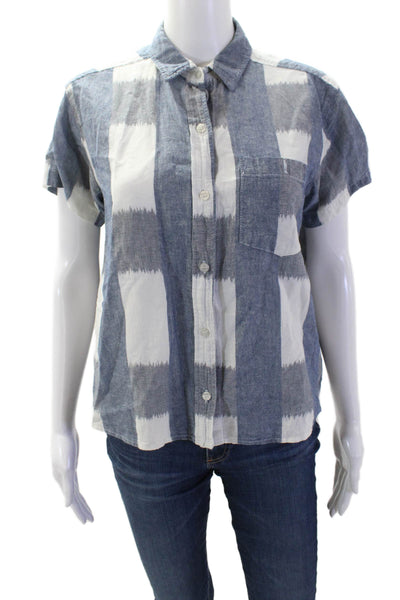 Current/Elliott Women Blue Linen Collared Check Button-Up Size 2