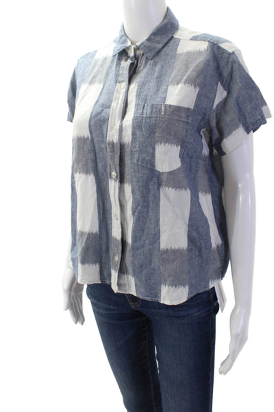 Current/Elliott Women Blue Linen Collared Check Button-Up Size 2