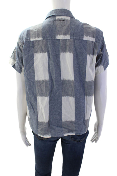 Current/Elliott Women Blue Linen Collared Check Button-Up Size 2