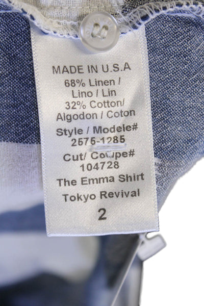 Current/Elliott Women Blue Linen Collared Check Button-Up Size 2