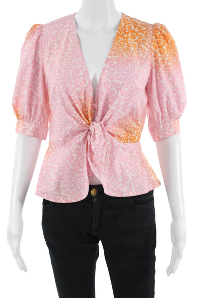 Manoush Women V-Neck Animal Print Orange Blouse 3/4 Sleeve Size 36