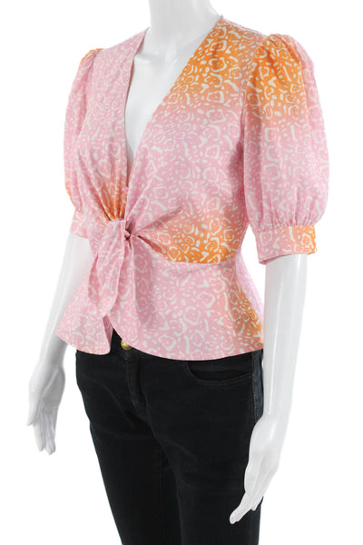 Manoush Women V-Neck Animal Print Orange Blouse 3/4 Sleeve Size 36