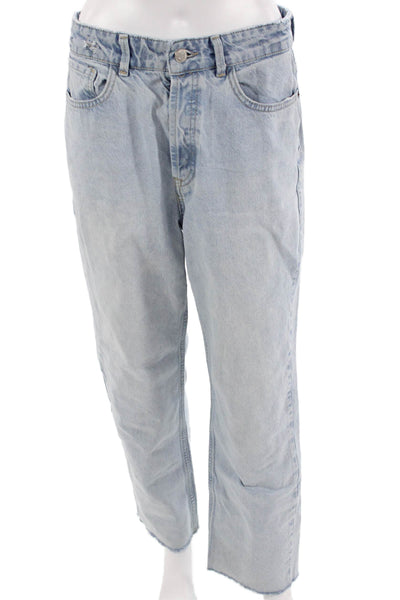 Zara Unisex Straight Jeans Light Blue High Rise Button Size 8