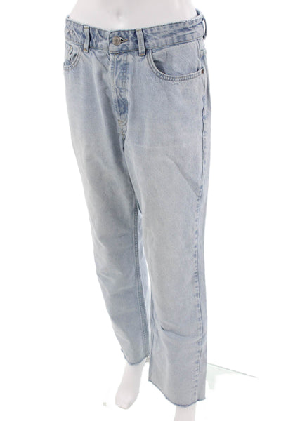 Zara Unisex Straight Jeans Light Blue High Rise Button Size 8
