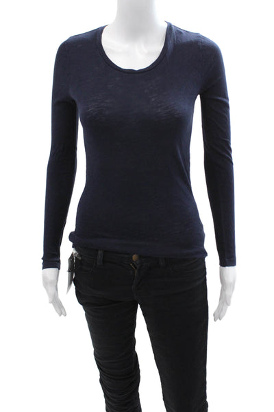 J Crew Women Dark Blue Cotton Basic Long Sleeve Round Neck T-Shirt Size 2XS