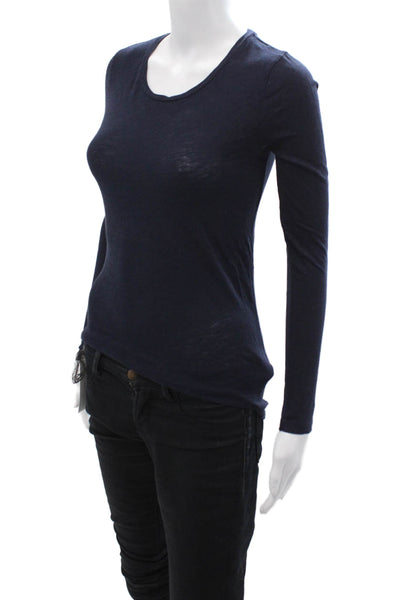 J Crew Women Dark Blue Cotton Basic Long Sleeve Round Neck T-Shirt Size 2XS