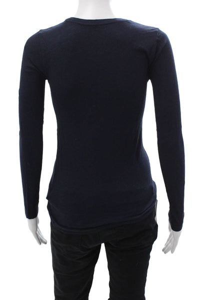 J Crew Women Dark Blue Cotton Basic Long Sleeve Round Neck T-Shirt Size 2XS