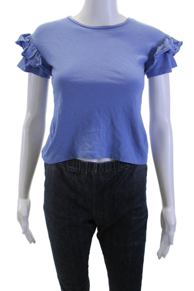 Crewcuts Childrens Girls Ruffled Short Sleeves Tee Shirt Blue Size Medium