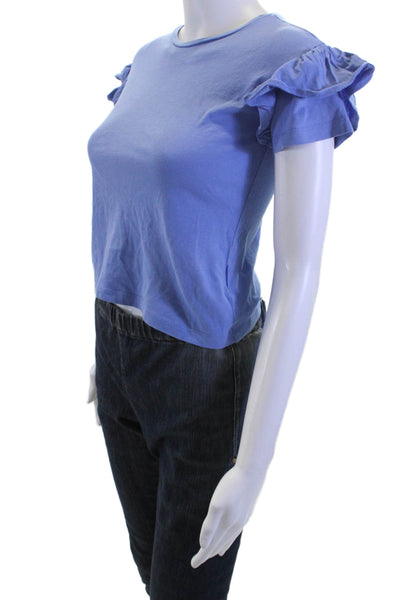 Crewcuts Childrens Girls Ruffled Short Sleeves Tee Shirt Blue Size Medium