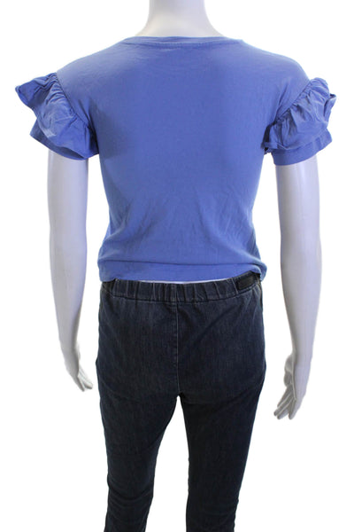 Crewcuts Childrens Girls Ruffled Short Sleeves Tee Shirt Blue Size Medium