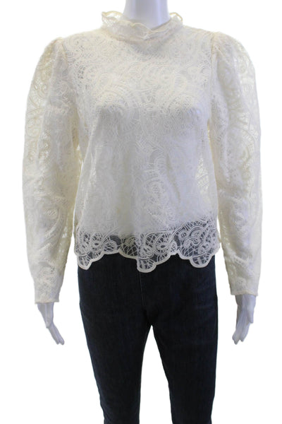 MNG Women White Paisley High Neck Button Cotton Long Sleeve Blouse Size 8