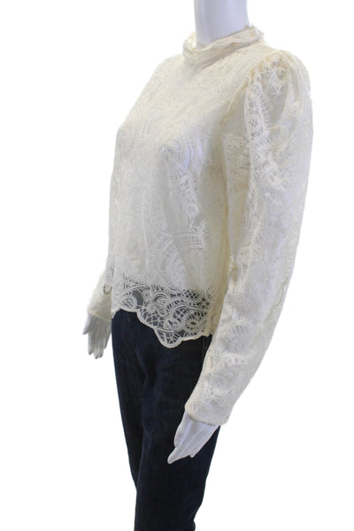 MNG Women White Paisley High Neck Button Cotton Long Sleeve Blouse Size 8