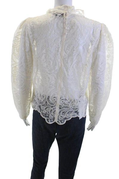 MNG Women White Paisley High Neck Button Cotton Long Sleeve Blouse Size 8