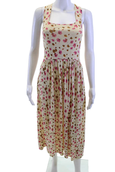 Zara Women Sundress Beige Floral Square Neck Long Sleeveless Size S
