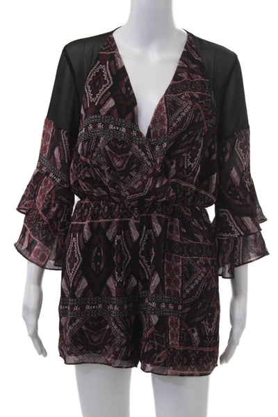 BCBGeneration Women Black Geometric V-Neck Jumpsuit 3/4 Sleeve Polyester Size S
