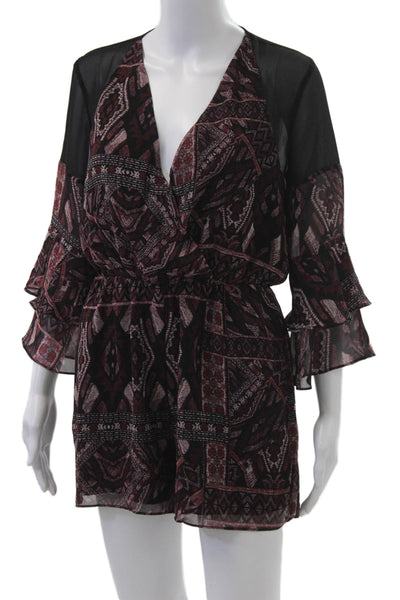 BCBGeneration Women Black Geometric V-Neck Jumpsuit 3/4 Sleeve Polyester Size S