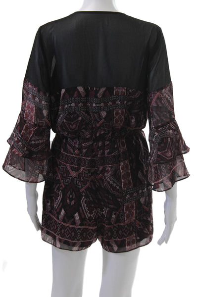 BCBGeneration Women Black Geometric V-Neck Jumpsuit 3/4 Sleeve Polyester Size S