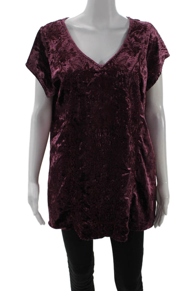Soft Surroundings Women Purple Floral V-Neck Tunic Blouse Short Sleeve Size M