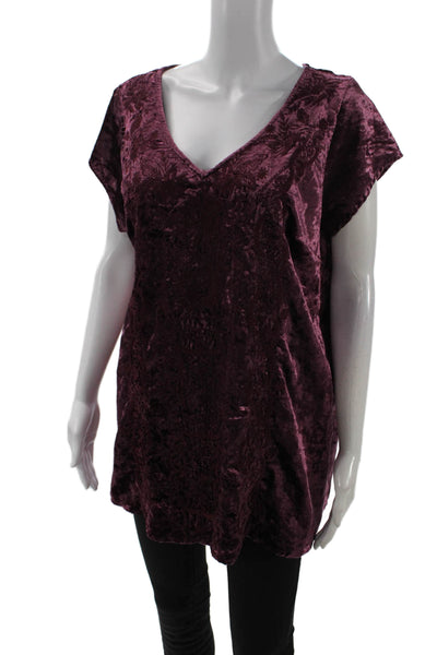 Soft Surroundings Women Purple Floral V-Neck Tunic Blouse Short Sleeve Size M