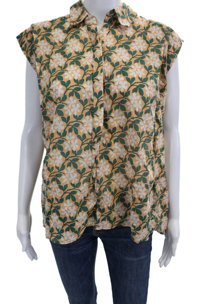 Porridge Anthropologie Women Tunic Green Floral Short Sleeve Button-Up Size XS