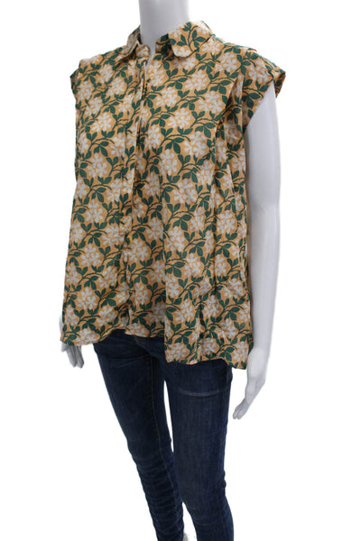 Porridge Anthropologie Women Tunic Green Floral Short Sleeve Button-Up Size XS