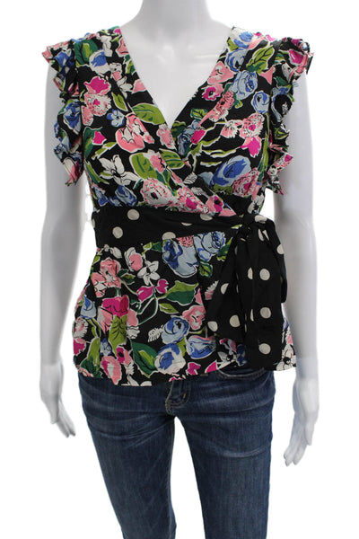 Odille Anthropologie Women Black Floral Silk V-Neck Cap Sleeve Blouse Size 4