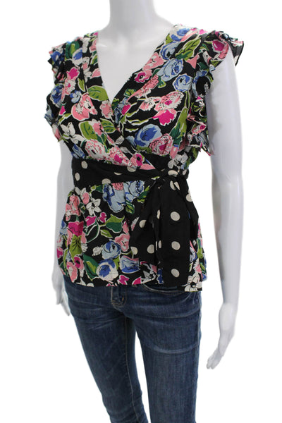 Odille Anthropologie Women Black Floral Silk V-Neck Cap Sleeve Blouse Size 4