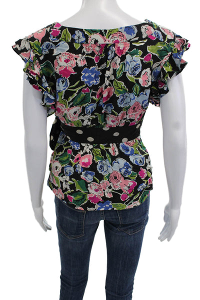 Odille Anthropologie Women Black Floral Silk V-Neck Cap Sleeve Blouse Size 4