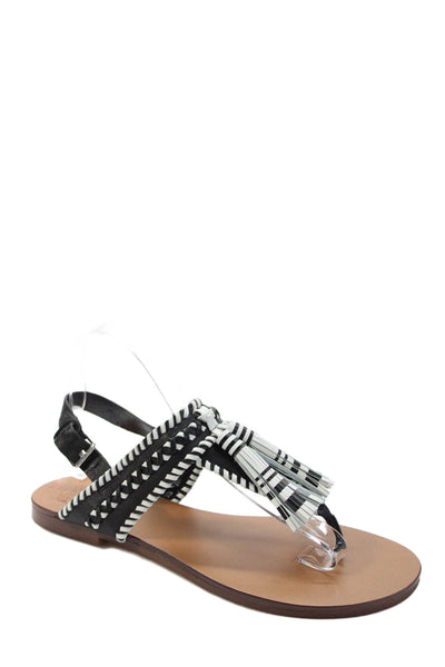 Vince Camuto Womens Woven Tassel Ankle T Strap Sandals Black White Size 8M
