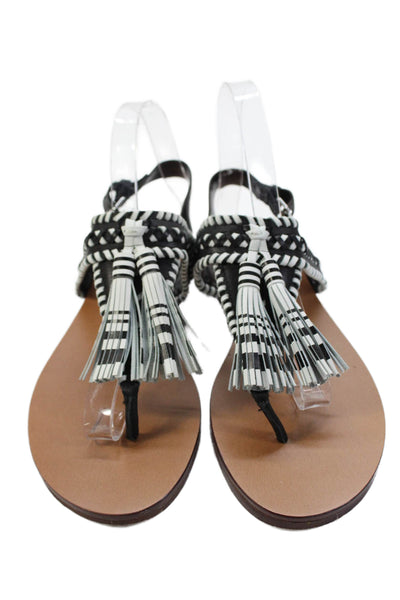 Vince Camuto Womens Woven Tassel Ankle T Strap Sandals Black White Size 8M
