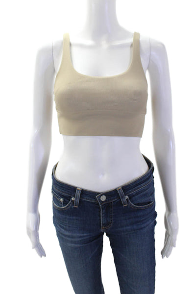Beach Riot Womens Stretch Ribbed Round Neck Activewear Bra Beige Size XS