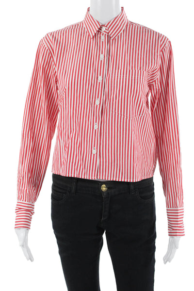 J Crew Womens Cropped Button-Up Red Striped Cotton Collared Long Sleeve Size 0