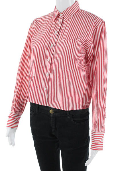 J Crew Womens Cropped Button-Up Red Striped Cotton Collared Long Sleeve Size 0
