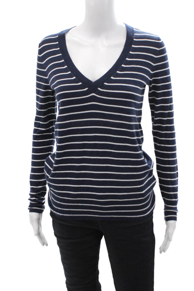 J Crew Women Dark Blue Striped V-Neck Pullover Sweater 100% Cotton Size 4