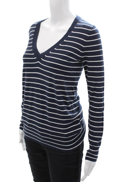 J Crew Women Dark Blue Striped V-Neck Pullover Sweater 100% Cotton Size 4