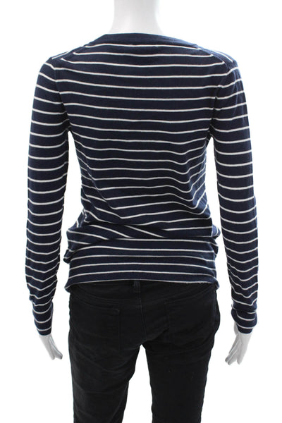 J Crew Women Dark Blue Striped V-Neck Pullover Sweater 100% Cotton Size 4