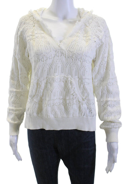Heartloom Women Pullover Hoodie White V-Neck Drawstring Cotton Size M