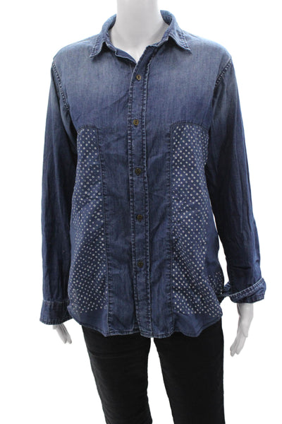 Current/Elliott Womens Blue Polka Dot Cotton Button-Up Top Long Sleeve Size 0