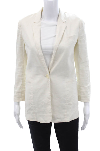 Theory Women Blazer White Linen Blend Collared Button Long Sleeve Size 00