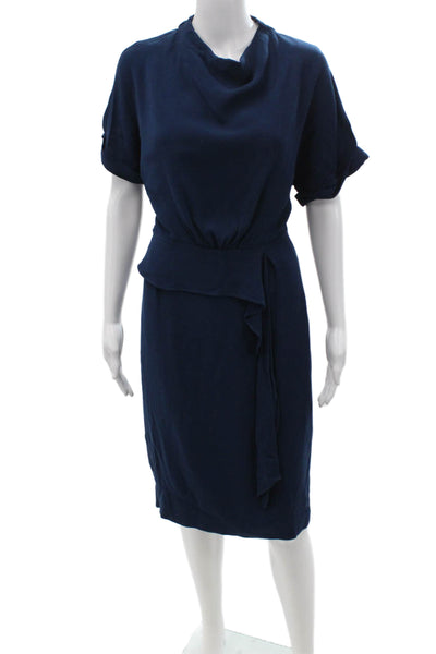 Reiss Women Sheath Dress Dark Blue High Neck Button Short Sleeve Size 0